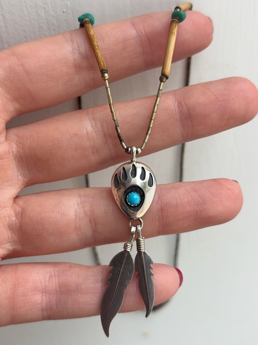 Sterling Silver Vintage Quoc Trading Turquoise Bear Paw Feather Pendant Necklace